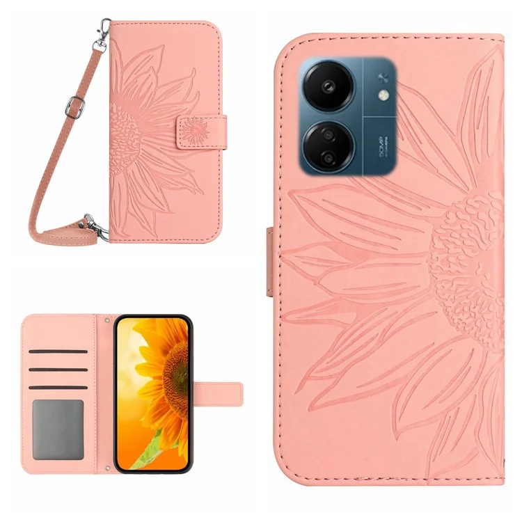 HT04 Per Xiaomi Redmi 13C 4G / 5G / 13R 5G / Poco M6 5G / Poco C65 4G Case Sunflower Imprinted Leather Flip Phone Cover with Shoulder Strap - Light Pink