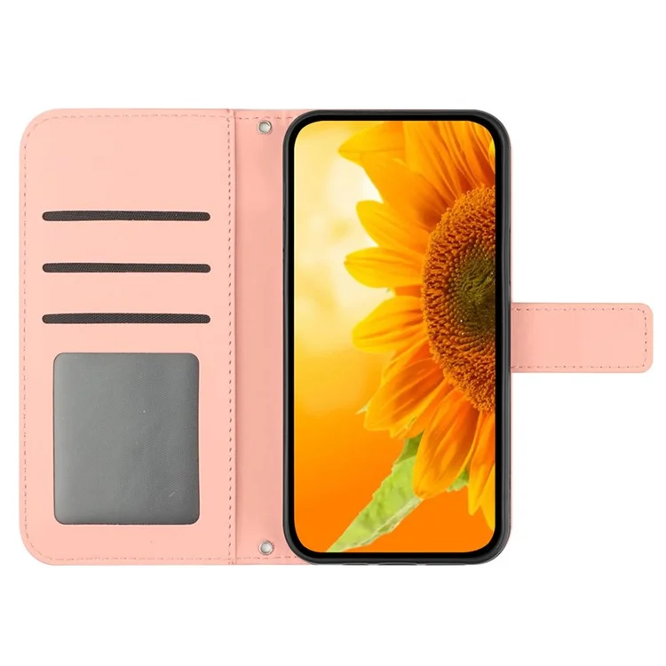 HT04 Per Xiaomi Redmi 13C 4G / 5G / 13R 5G / Poco M6 5G / Poco C65 4G Case Sunflower Imprinted Leather Flip Phone Cover with Shoulder Strap - Light Pink