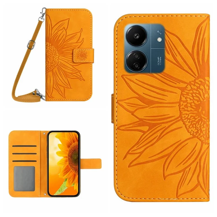 HT04 For Xiaomi Redmi 13C 4G / 5G / 13R 5G / Poco M6 5G / Poco C65 4G Case Sunflower Imprinted Leather Flip Phone Cover with Shoulder Strap - Yellow