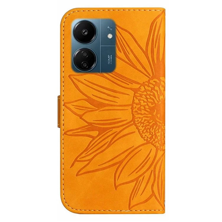 HT04 For Xiaomi Redmi 13C 4G / 5G / 13R 5G / Poco M6 5G / Poco C65 4G Case Sunflower Imprinted Leather Flip Phone Cover with Shoulder Strap - Yellow