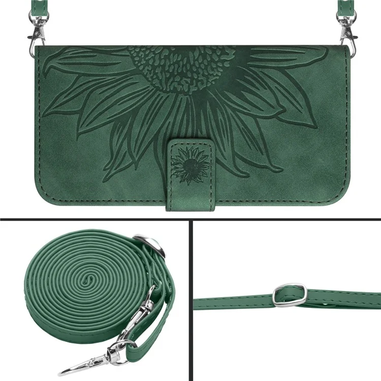 HT04 Para Xiaomi Redmi 13C 4G / 5G / 13R 5G / Poco M6 5G / Poco C65 4G Capa Flores de Girassol Impressa Couro Flip Phone Cover com Alça de Ombro - Verde Escuro