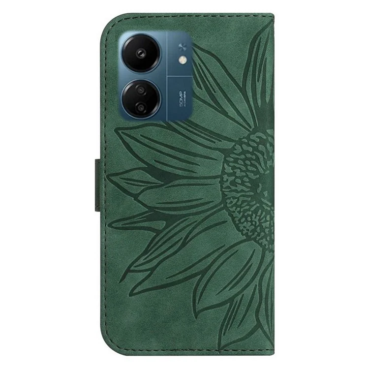 HT04 Para Xiaomi Redmi 13C 4G / 5G / 13R 5G / Poco M6 5G / Poco C65 4G Capa Flores de Girassol Impressa Couro Flip Phone Cover com Alça de Ombro - Verde Escuro