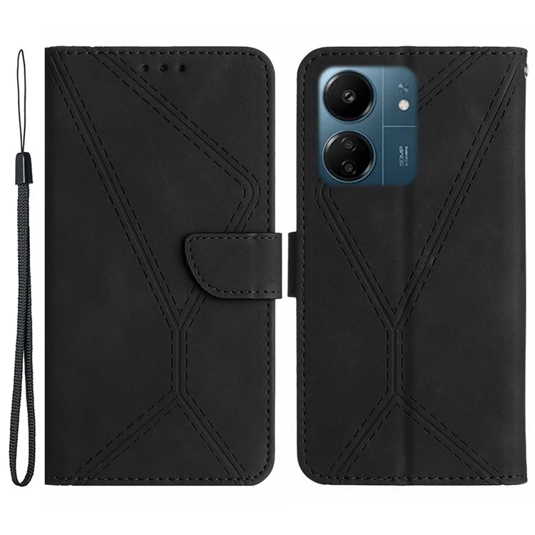 HT05 Para Xiaomi Redmi 13C 4G / 5G / 13R 5G / Poco M6 5G / Poco C65 4G Capa Case Impressa em Linha Pele-Toque de Couro PU com Suporte - Preto