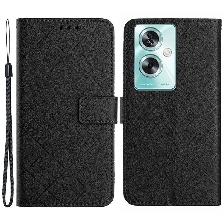HT06 For Oppo A79 5G / A2 5G Case PU Leather Rhombus Stand Flip Phone Cover - Black