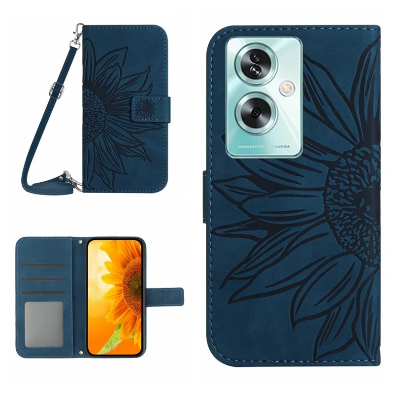 HT04 Para Oppo A79 5G / A2 5G Funda Cartera de Cuero de PU con Estampado de Girasol con Correa de Hombro - Azul Oscuro