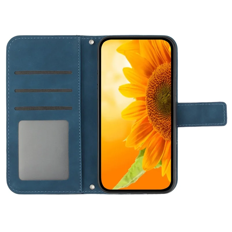 HT04 Para Oppo A79 5G / A2 5G Funda Cartera de Cuero de PU con Estampado de Girasol con Correa de Hombro - Azul Oscuro
