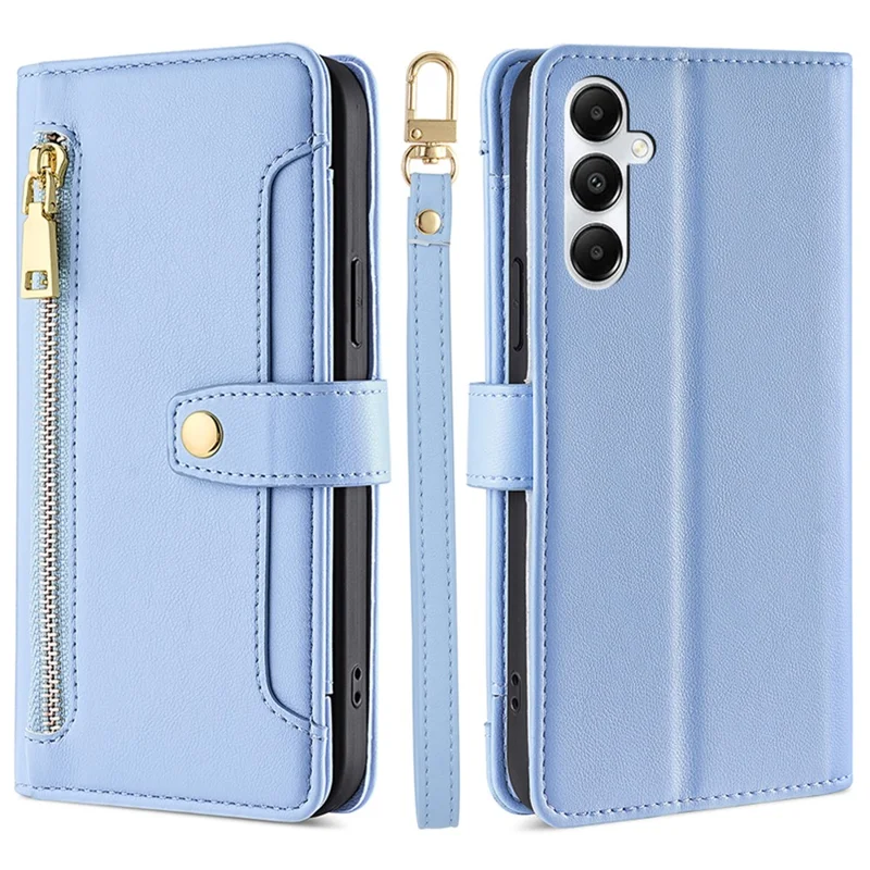 For Samsung Galaxy A05s 4G Case Zipper Pocket Wallet PU Leather Phone Cover with 2 Straps - Blue