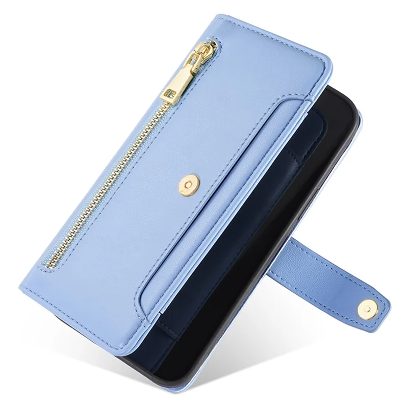 For Samsung Galaxy A05s 4G Case Zipper Pocket Wallet PU Leather Phone Cover with 2 Straps - Blue