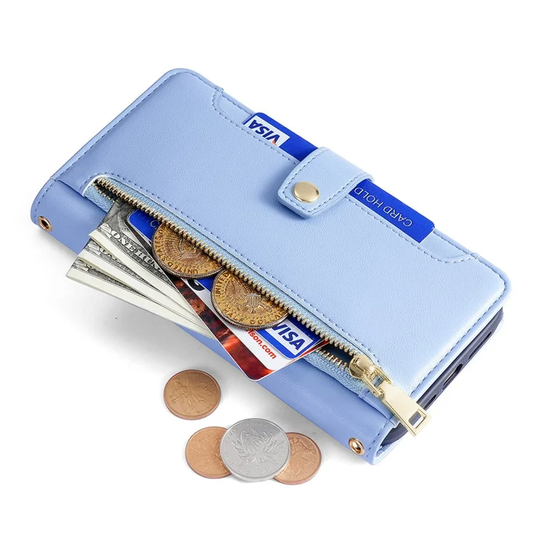 For Samsung Galaxy A05s 4G Case Zipper Pocket Wallet PU Leather Phone Cover with 2 Straps - Blue