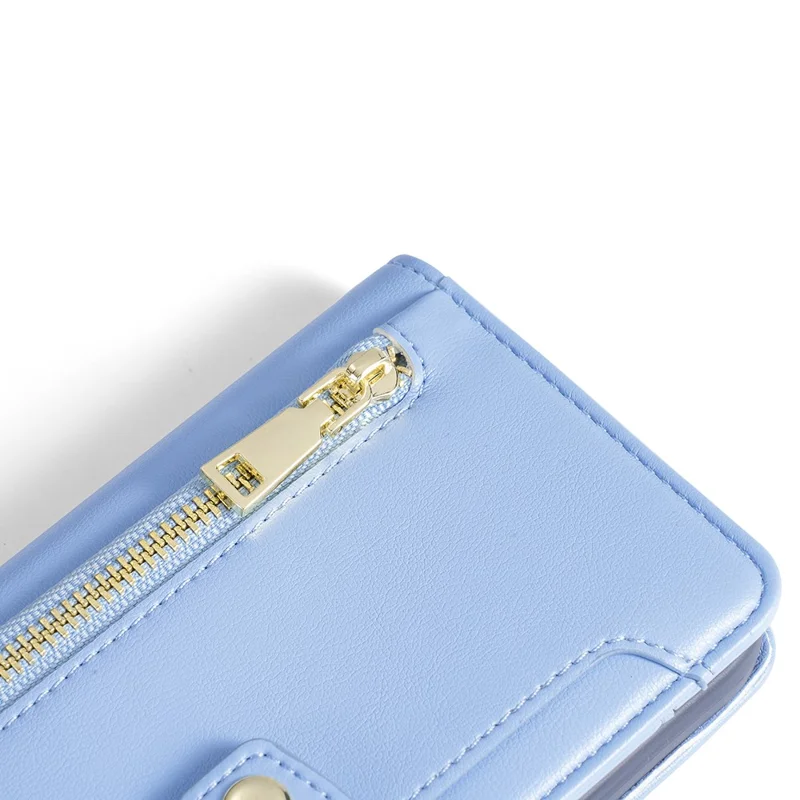 For Samsung Galaxy A05s 4G Case Zipper Pocket Wallet PU Leather Phone Cover with 2 Straps - Blue