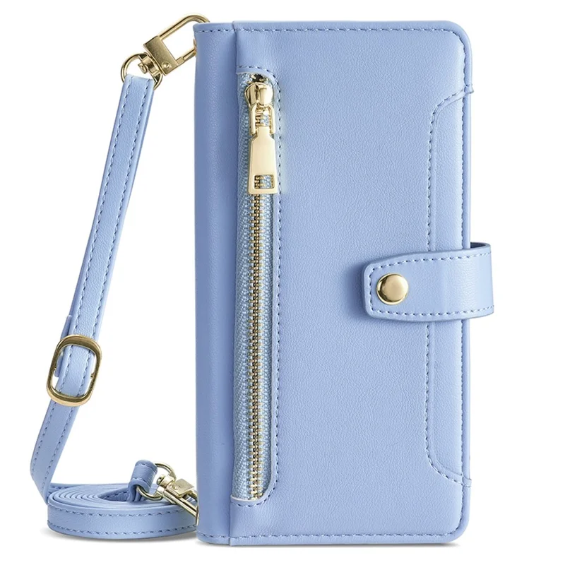 For Samsung Galaxy A05s 4G Case Zipper Pocket Wallet PU Leather Phone Cover with 2 Straps - Blue