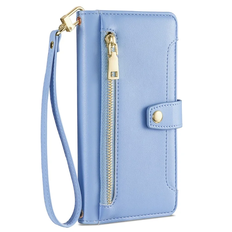 For Samsung Galaxy A05s 4G Case Zipper Pocket Wallet PU Leather Phone Cover with 2 Straps - Blue