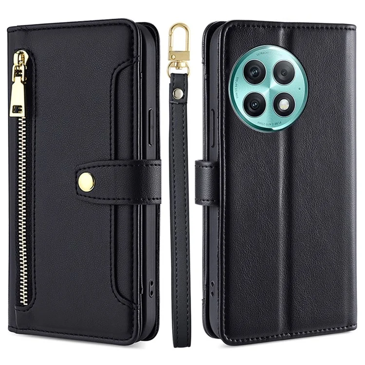 For OnePlus Ace 2 Pro 5G Case Zipper Pocket PU Leather Wallet Phone Cover with 2 Straps - Black