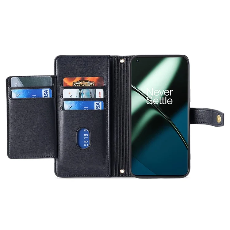 For OnePlus Ace 2 Pro 5G Case Zipper Pocket PU Leather Wallet Phone Cover with 2 Straps - Black