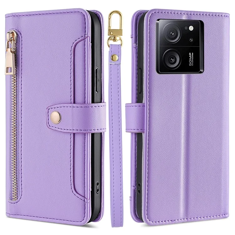Para Xiaomi Redmi K60 Ultra / 13T / 13T Pro Capa de Couro com Zíper e Carteira, Suporte de Telefone com Alça Longa e Curta - Roxo