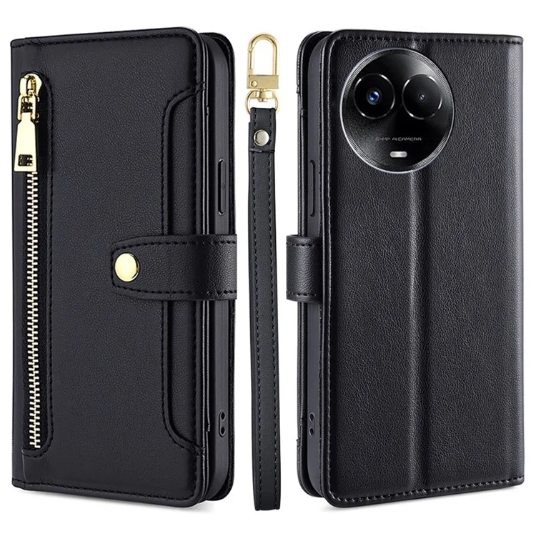 Para el caso de Realme 11x 5G / 11 5G (Global) Cartera Soporte de Pie Cubierta de Teléfono de Cuero con 2 Correas - Negro