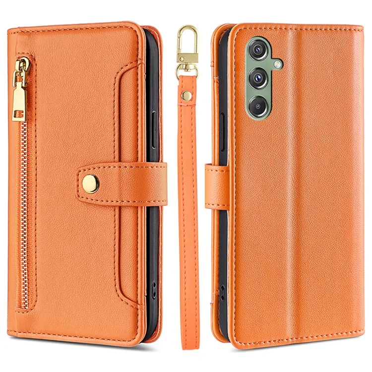 Pour Samsung Galaxy M34 5G / F34 5G Étui Portefeuille Fermeture Éclair Cuir Anti-chute Housse de Téléphone avec 2 Sangles - Orange