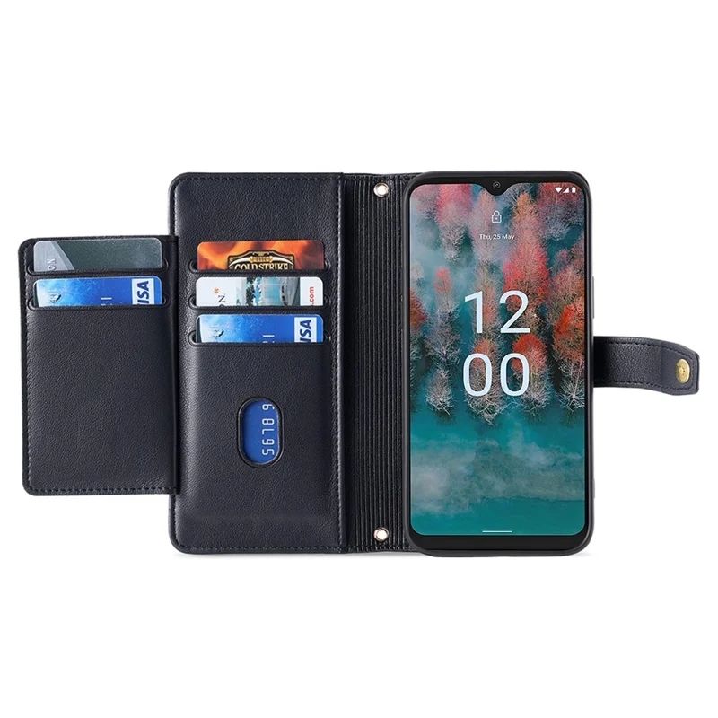 For Nokia C110 Case Zipper Leather Wallet Anti-Drop Phone Cover with Wrist Strap and Shoulder Strap - Black