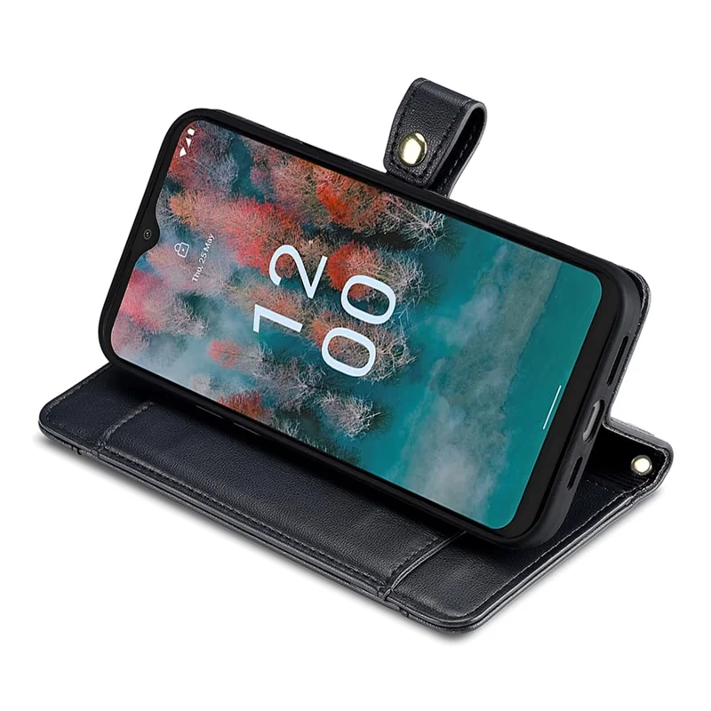 For Nokia C110 Case Zipper Leather Wallet Anti-Drop Phone Cover with Wrist Strap and Shoulder Strap - Black