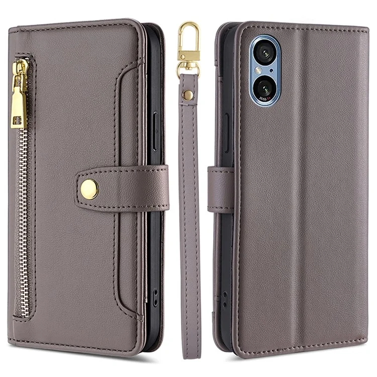 Para o Caso Sony Xperia 5 V Carteira Suporte Texturizado Capa de Telefone de Couro com 2 Correias - Cinza