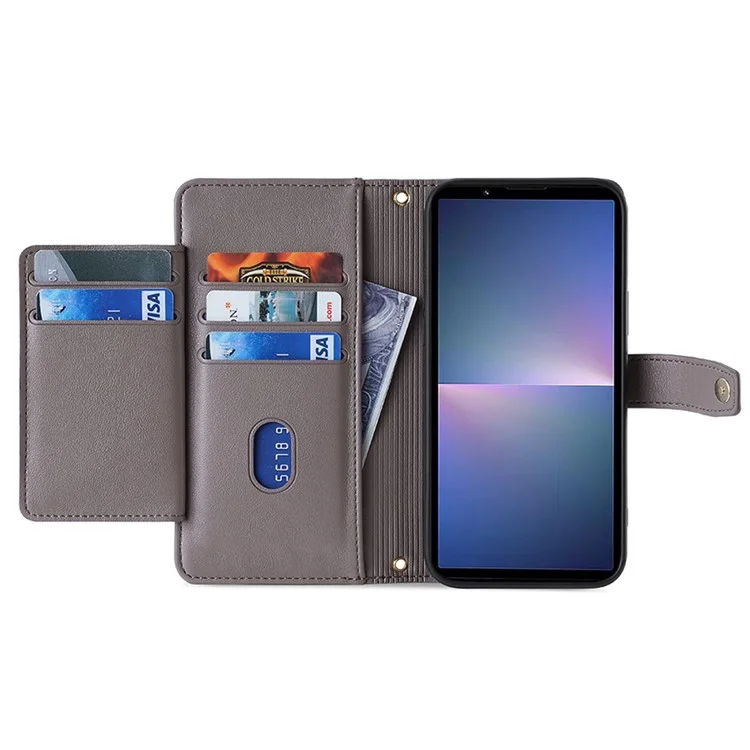 Para o Caso Sony Xperia 5 V Carteira Suporte Texturizado Capa de Telefone de Couro com 2 Correias - Cinza