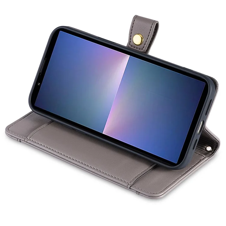 Para o Caso Sony Xperia 5 V Carteira Suporte Texturizado Capa de Telefone de Couro com 2 Correias - Cinza