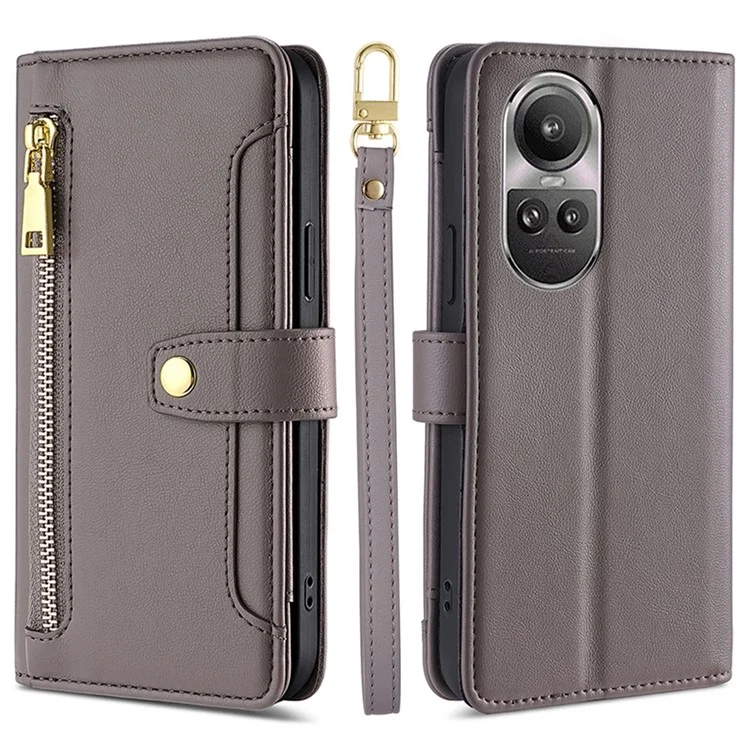 Para Oppo Reno10 5G (Global) / Reno10 Pro 5G (Global) Estuche de Cuero con Cremallera y Funda de Teléfono con 2 Correas - Gris