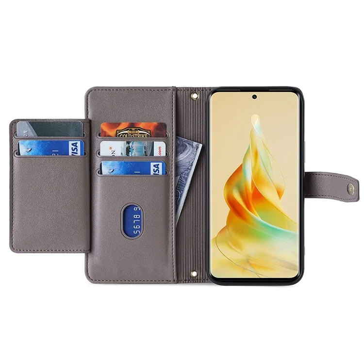 Para Oppo Reno10 5G (Global) / Reno10 Pro 5G (Global) Estuche de Cuero con Cremallera y Funda de Teléfono con 2 Correas - Gris