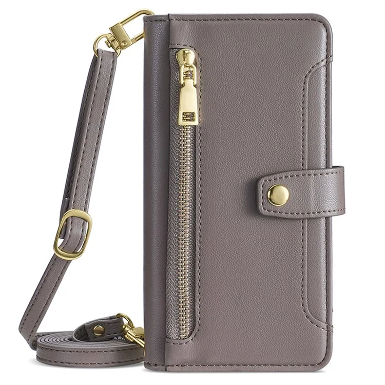 Para Oppo Reno10 5G (Global) / Reno10 Pro 5G (Global) Estuche de Cuero con Cremallera y Funda de Teléfono con 2 Correas - Gris