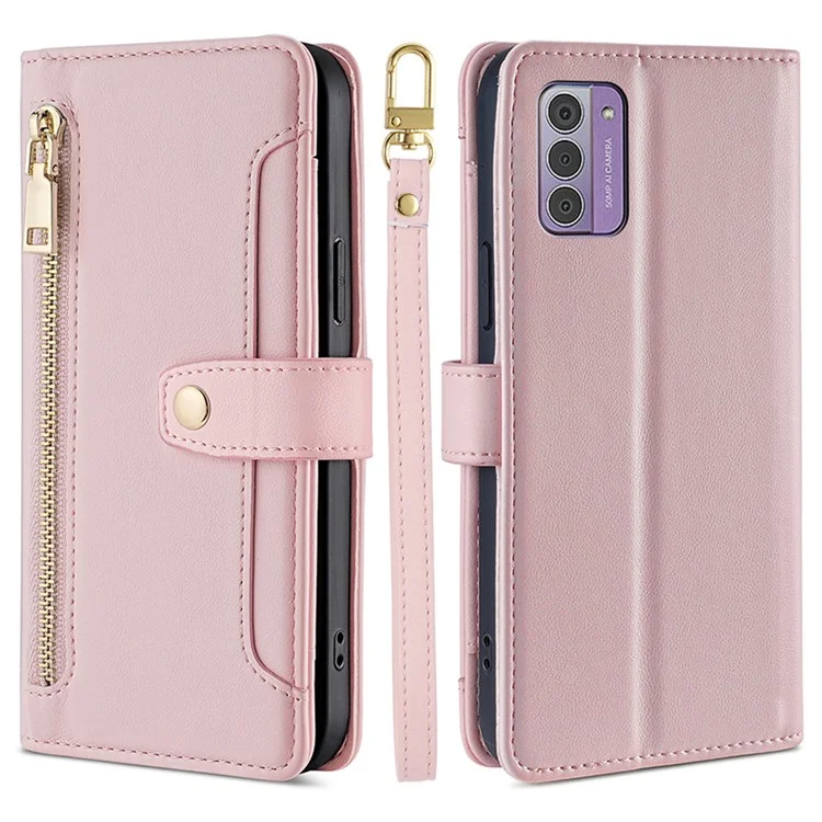 Pour Nokia G42 Coque Portefeuille Fermeture Éclair Cuir Antichoc Étui de Téléphone avec Sangle Longue et Courte - Rose