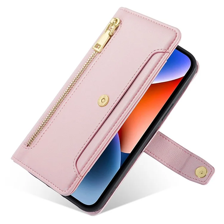Pour Nokia G42 Coque Portefeuille Fermeture Éclair Cuir Antichoc Étui de Téléphone avec Sangle Longue et Courte - Rose