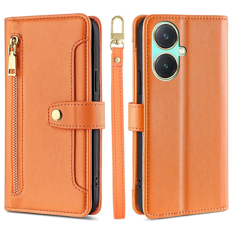 Étui en cuir portefeuille debout magnétique avec 2 sangles pour vivo Y27 4G - Orange
