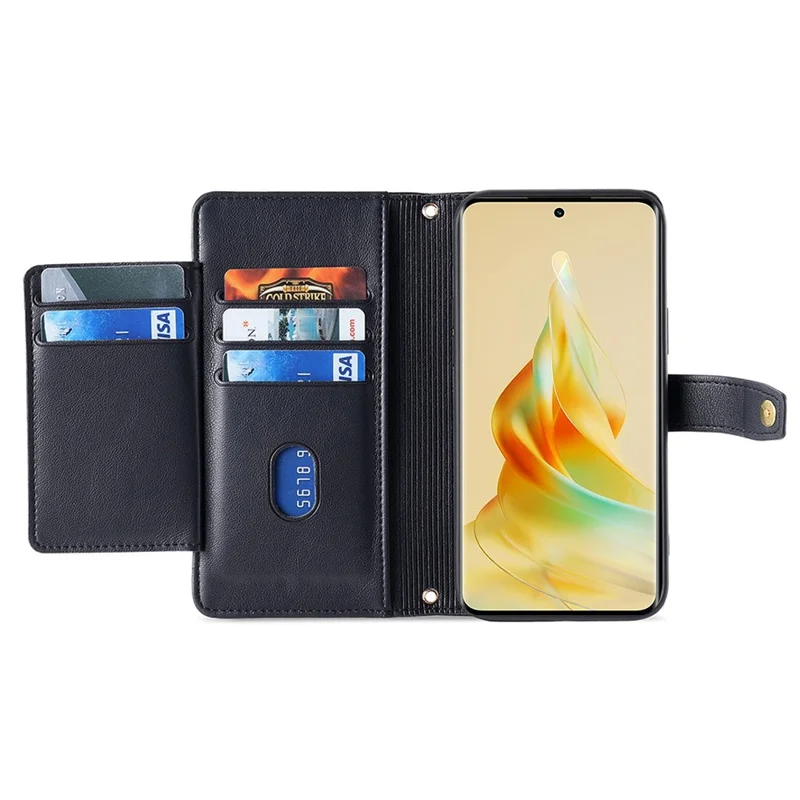 غطاء جلد بجيب بسحاب لهاتف Oppo A2 Pro 5G مع حامل وحزام طويل وقصير - أسود