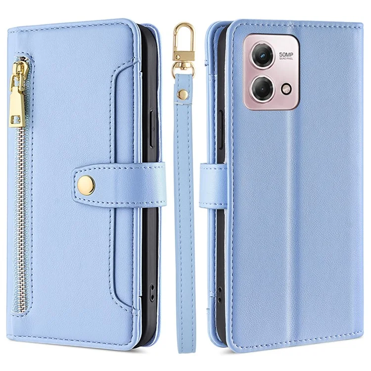 Para Motorola Moto G Stylus (2023) Capa Bolso com Zíper Capa de Telefone de Couro com 2 Alças - Azul