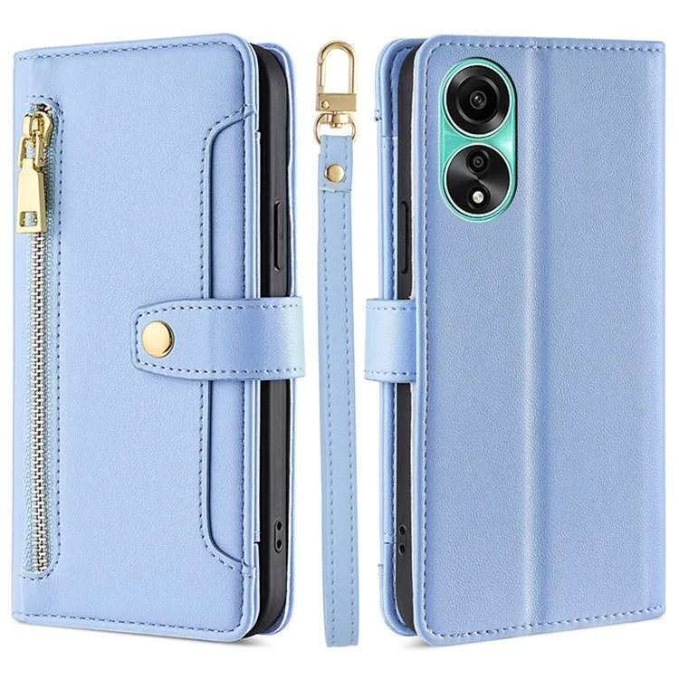 Funda de cuero con cremallera para Oppo A78 4G, con correa para la mano y correa para el hombro - Azul