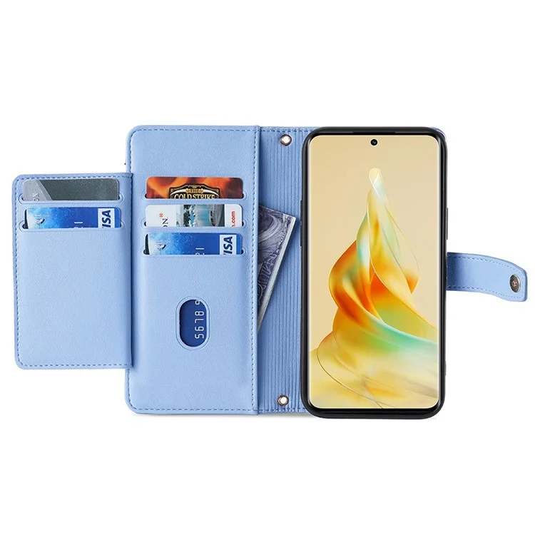 Funda de cuero con cremallera para Oppo A78 4G, con correa para la mano y correa para el hombro - Azul