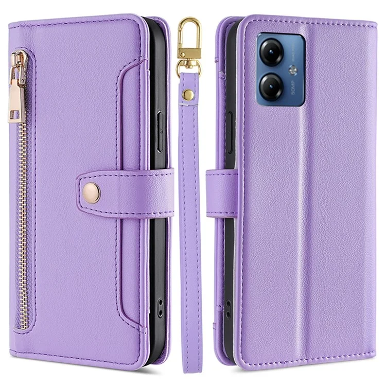 Para Motorola Moto G14 4G Capa Case Zipper Pocket Leather Phone Stand Cover com 2 Alças - Roxo