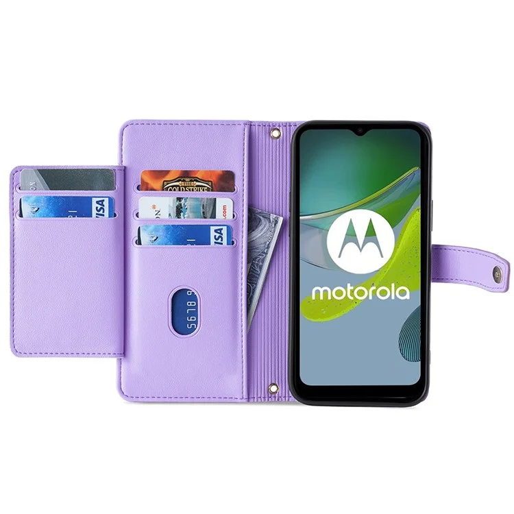 Para Motorola Moto G14 4G Capa Case Zipper Pocket Leather Phone Stand Cover com 2 Alças - Roxo