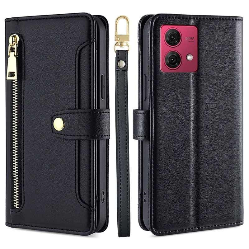 For Motorola Moto G84 5G Case Zipper Wallet Multifunction Phone Cover with 2 Straps - Black