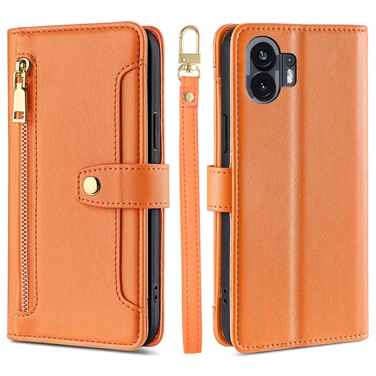 For Nothing Phone (2) Case Zipper Pocket Leather Wallet Phone Cover with 2 Straps - Orange