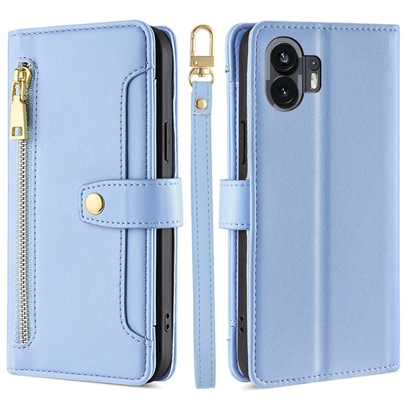 For Nothing Phone (2) Case Zipper Pocket Leather Wallet Phone Cover with 2 Straps - Blue
