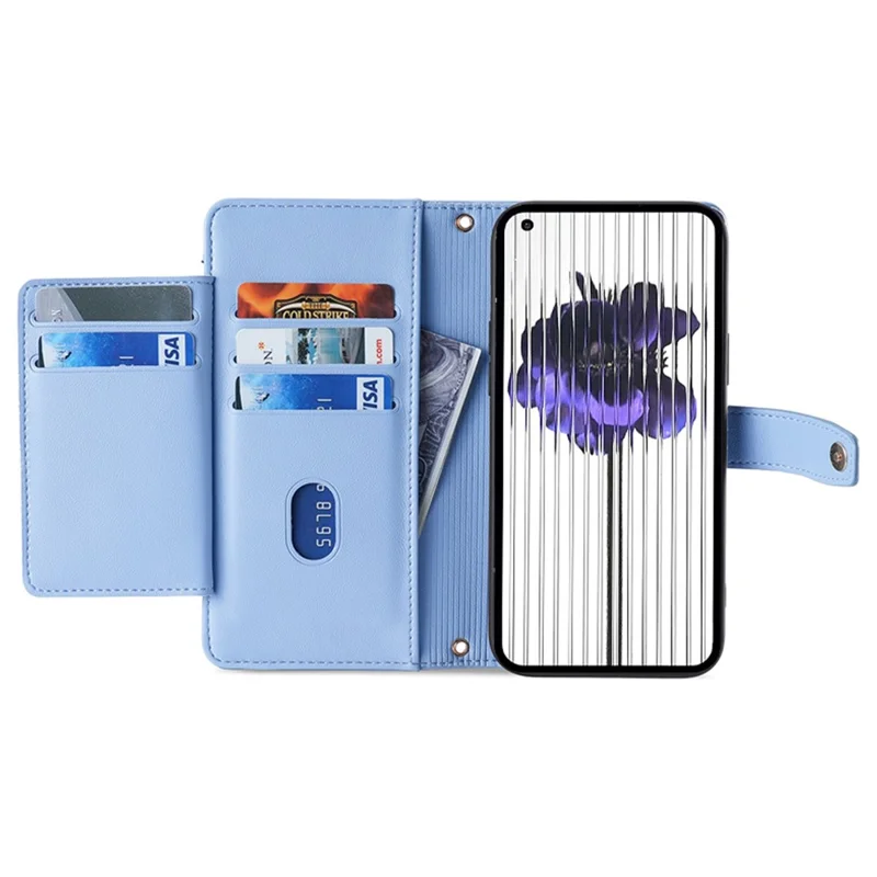 For Nothing Phone (2) Case Zipper Pocket Leather Wallet Phone Cover with 2 Straps - Blue