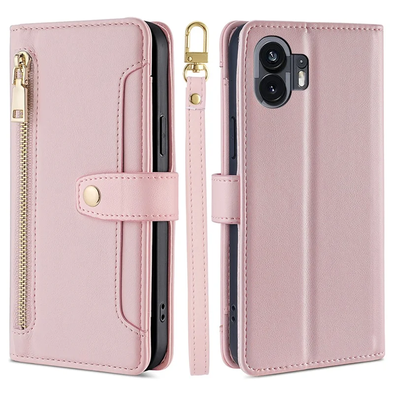 Capa Para Nothing Phone (2) Zipper Pocket Leather Wallet Phone Cover com 2 Alças - Rosa