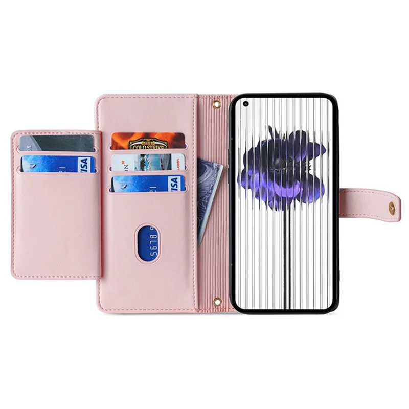 Capa Para Nothing Phone (2) Zipper Pocket Leather Wallet Phone Cover com 2 Alças - Rosa