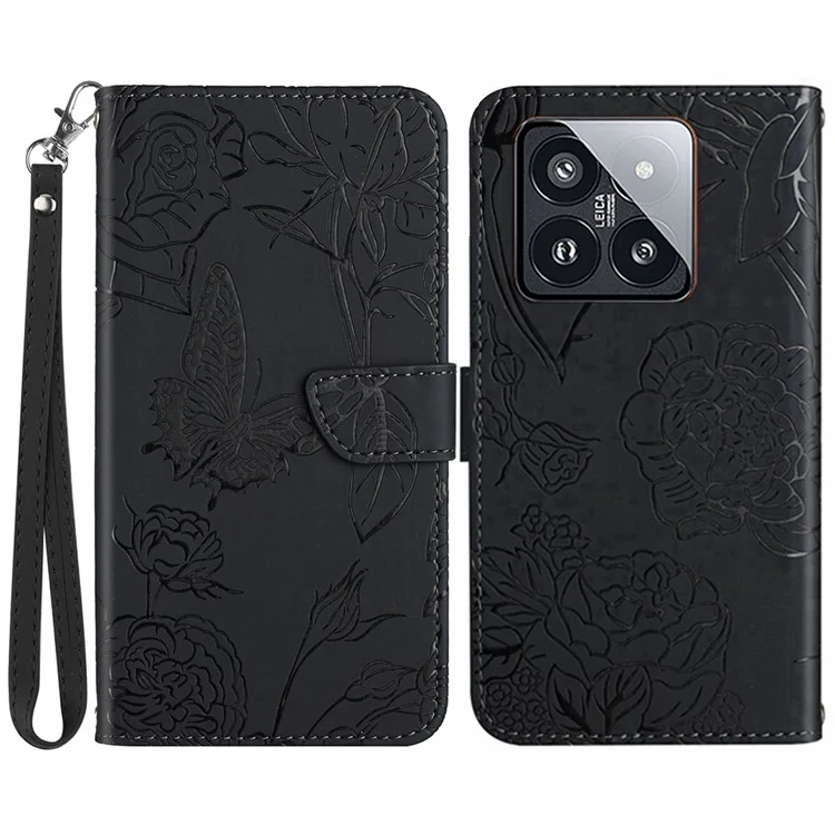 HT03 für Xiaomi 14 Pro Case PU Leder Stehen Handyhülle mit Handschlaufe - Schwarz