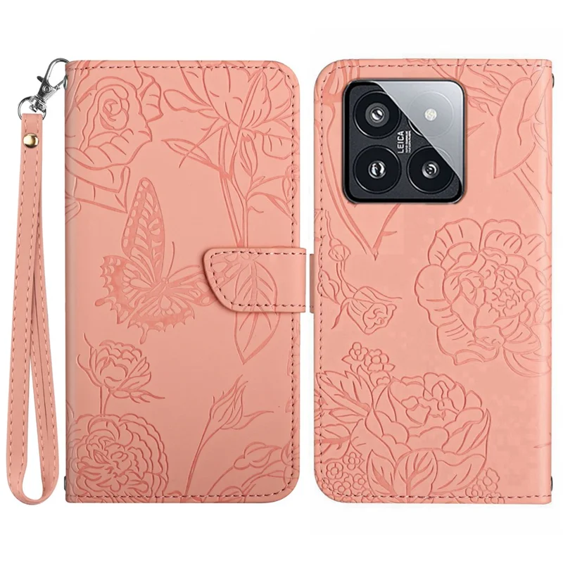HT03 Funda para Xiaomi 14 Pro de piel sintética con soporte y correa de mano - Rosa