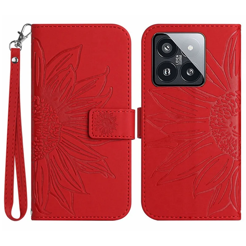 HT04 For Xiaomi 14 Pro Leather Case Skin-touch Phone Wallet Cover with Wrist Strap - Red