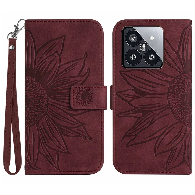 HT04 Para Xiaomi 14 Pro Funda de Piel Carcasa con Toque Táctil Billetera con Correa para la Muñeca - Rojo Vino
