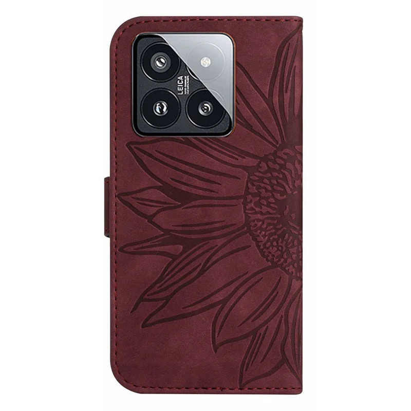 HT04 Para Xiaomi 14 Pro Funda de Piel Carcasa con Toque Táctil Billetera con Correa para la Muñeca - Rojo Vino