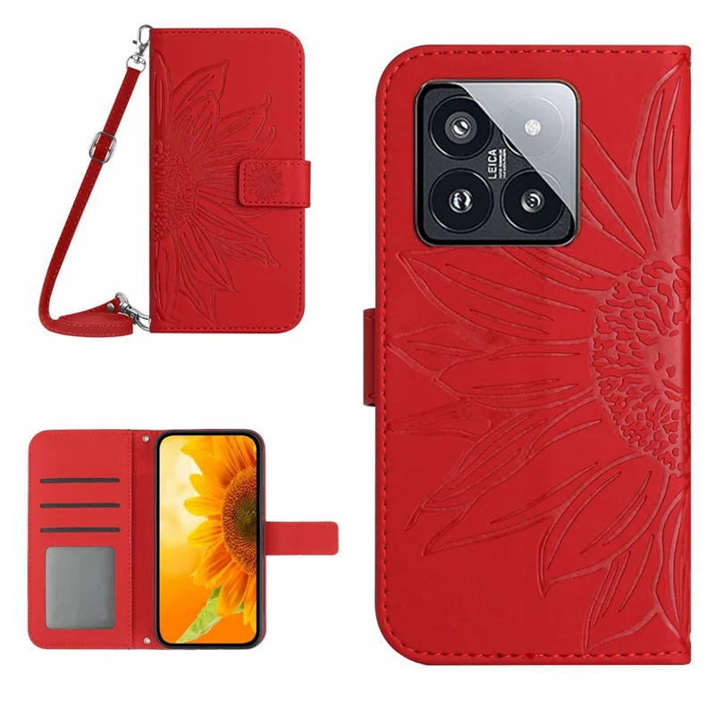 HT04 For Xiaomi 14 Pro Case Skin-touch Wallet Stand Leather Cover with Shoulder Strap - Rojo